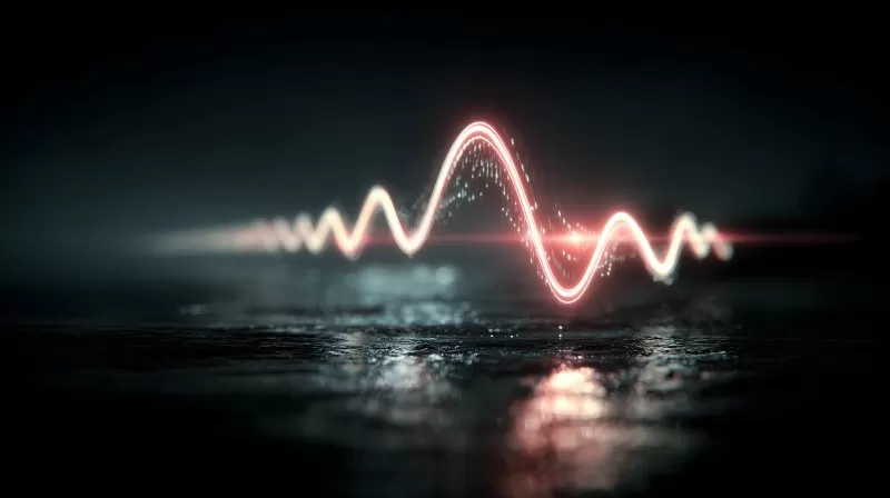 Digitale Audiowelle in Neonoptik auf schwarzem Hintergrund