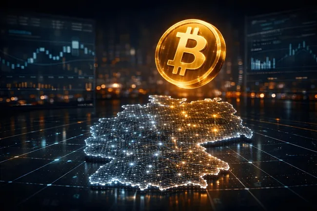 Digitale Bitcoin-Währung über glühendem Deutschland-Kartennetzwerk