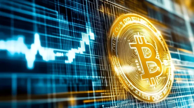 Digitale Bitcoin-Währung vor Finanzdaten-Hintergrund