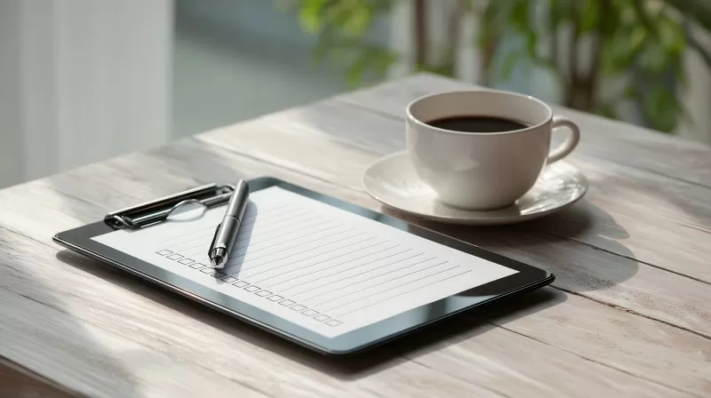 Digitale Checkliste auf Tablet mit Kaffeetasse