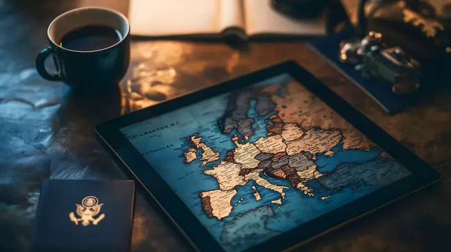 Digitale Europakarte auf Tablet mit Kaffee