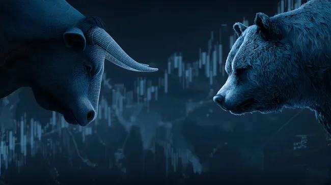 Digitale Finanzbullenuhr im düsteren Börsentrend