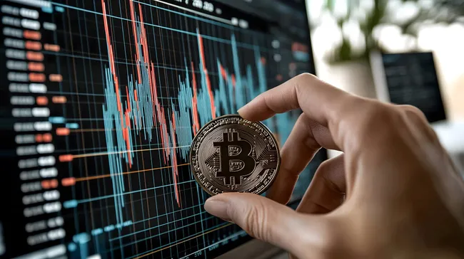 Digitale Finanzen: Händler hält Bitcoin-Münze vor Kurvchart