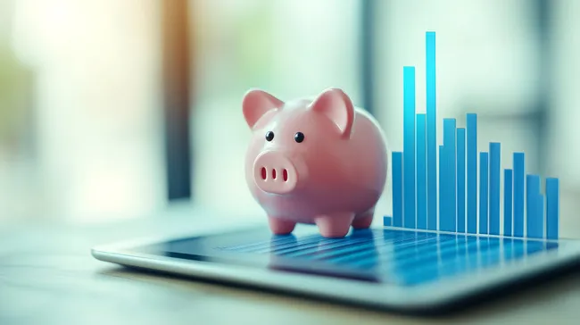 Digitale Finanzen: Sparschwein auf Tablet mit Aktiencharts