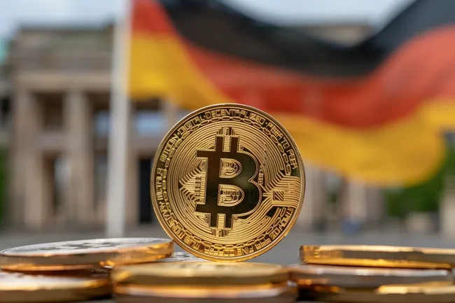 Digitale Kryptowährung Bitcoin mit deutscher Flagge
