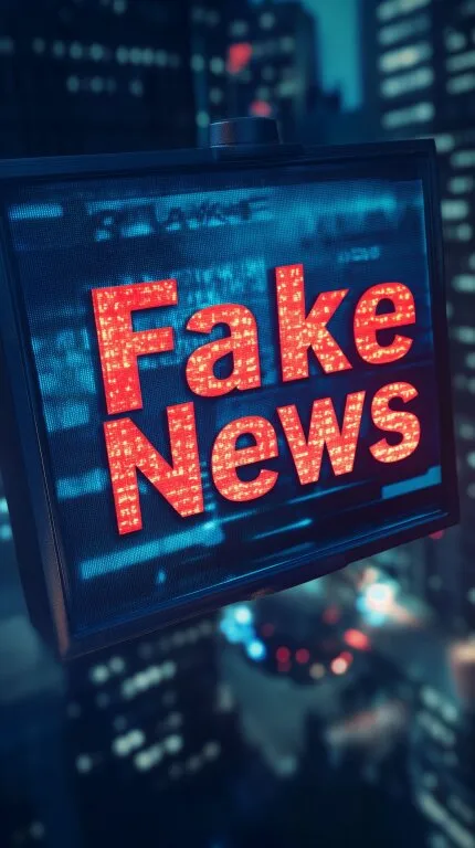 Digitale Leuchtschrift 'Fake News' auf Bildschirm