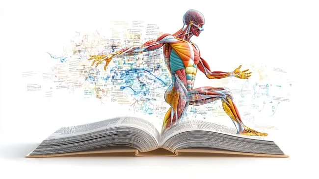 Digitale menschliche Anatomie in aufgeschlagenem Buch