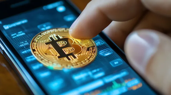 Digitale Münze Bitcoin auf Smartphone-Display