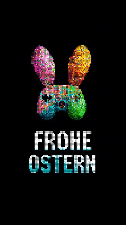 Digitale Osterhase-Grafik in bunten Pixel-Farben