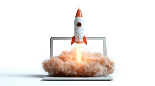 Digitale Rakete startet vom Laptop-Bildschirm