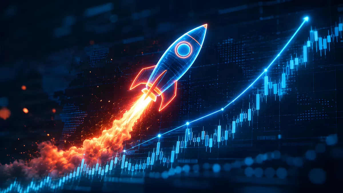 Digitale Rakete steigt entlang steigender Börsenkurve auf