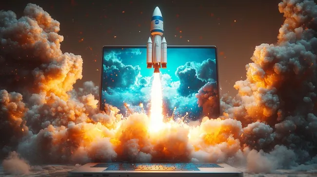 Digitale Raketenlandung aus High-Tech-Laptop