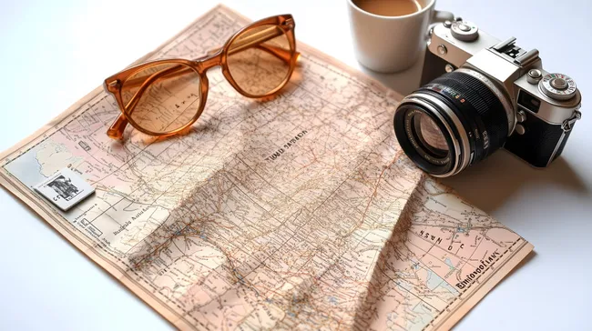 Digitale Reiseplanung mit Landkarte und Kamera