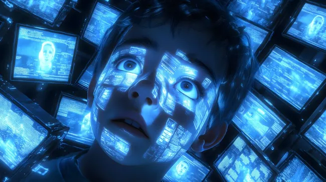 Digitale Reizüberflutung - Gestresster Junge von Bildschirmen umgeben