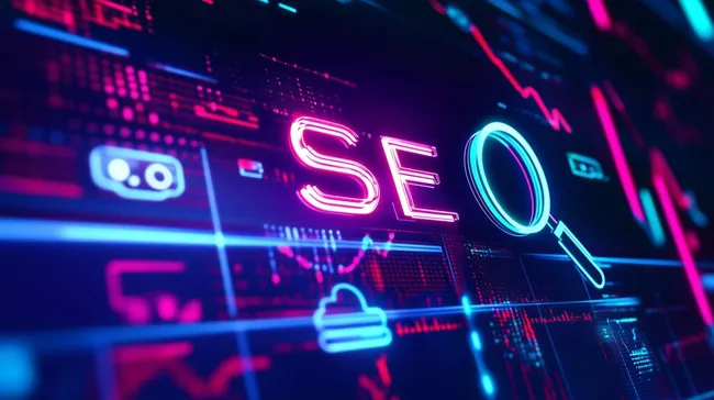 Digitale SEO-Symbole in leuchtenden Neonfarben