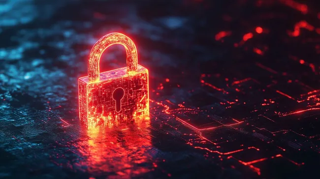 Digitale Sicherheit: Leuchtendes Vorhängeschloss auf strukturierter Oberfläche