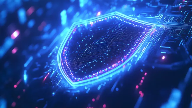 Digitale Sicherheitsschild-Grafik in blauem Hintergrund