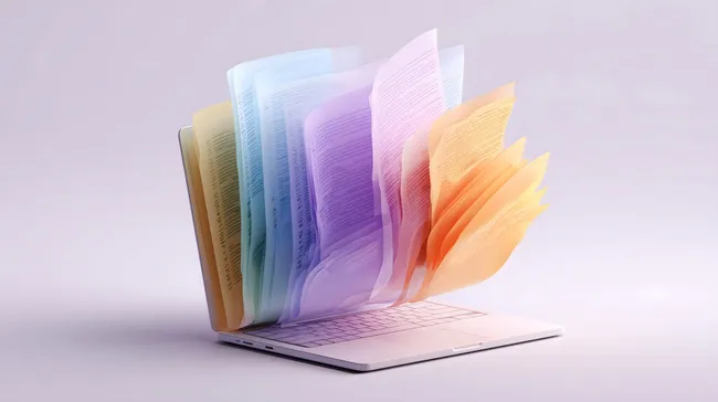 Digitale Transformation: Bunte Pastellpapiere schweben aus Laptop