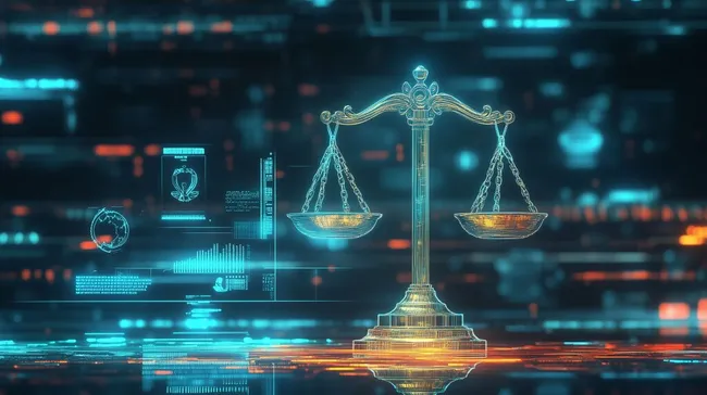 Digitale Waage der Gerechtigkeit in Cyber-Ästhetik