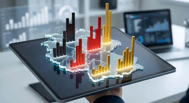 Digitale Weltkarte mit 3D-Geschäftsdaten-Diagrammen