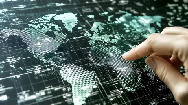 Digitale Weltkarte mit Punktmatrix und futuristischer Technologie