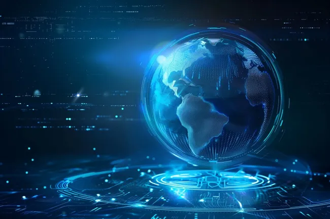 Digitale Weltkugel mit futuristischem Technologienetz