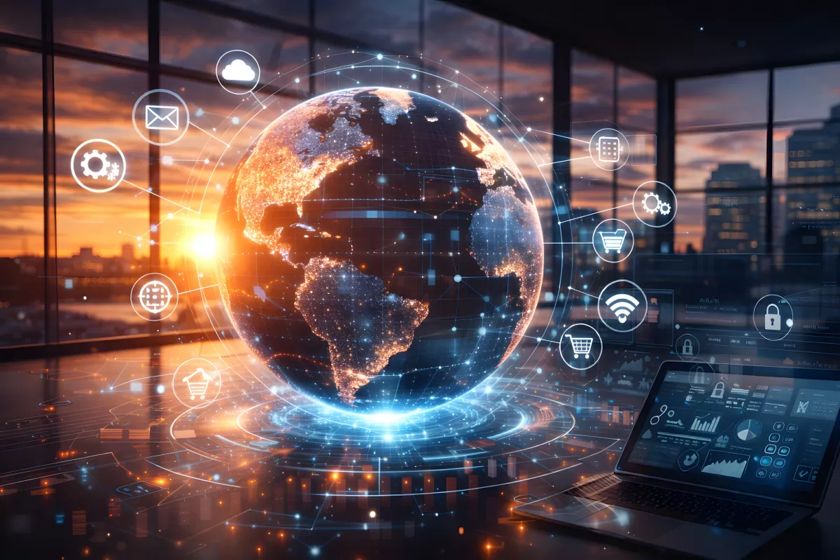 Digitale Weltkugel mit Technologie-Icons im Büro