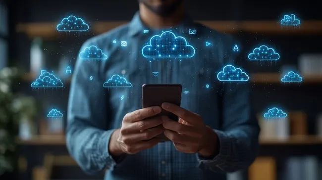 Digitale Wolken-Symbolik auf Smartphone des Geschäftsmanns