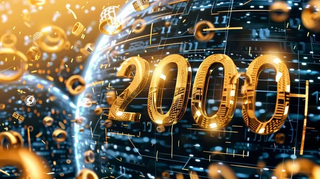 Digitale Zukunft - Goldene Zahlen 2000 auf High-Tech-Hintergrund
