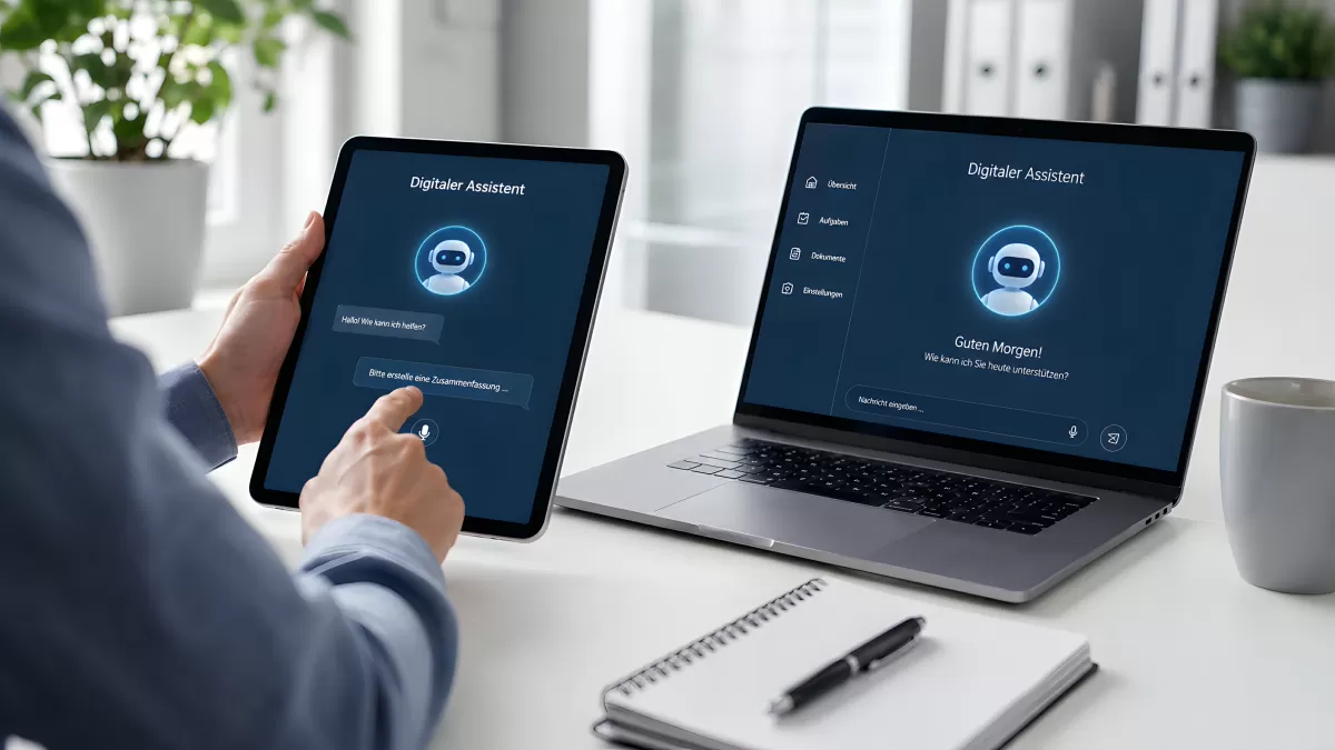 Digitaler Assistent auf Tablet und Laptop im Büro