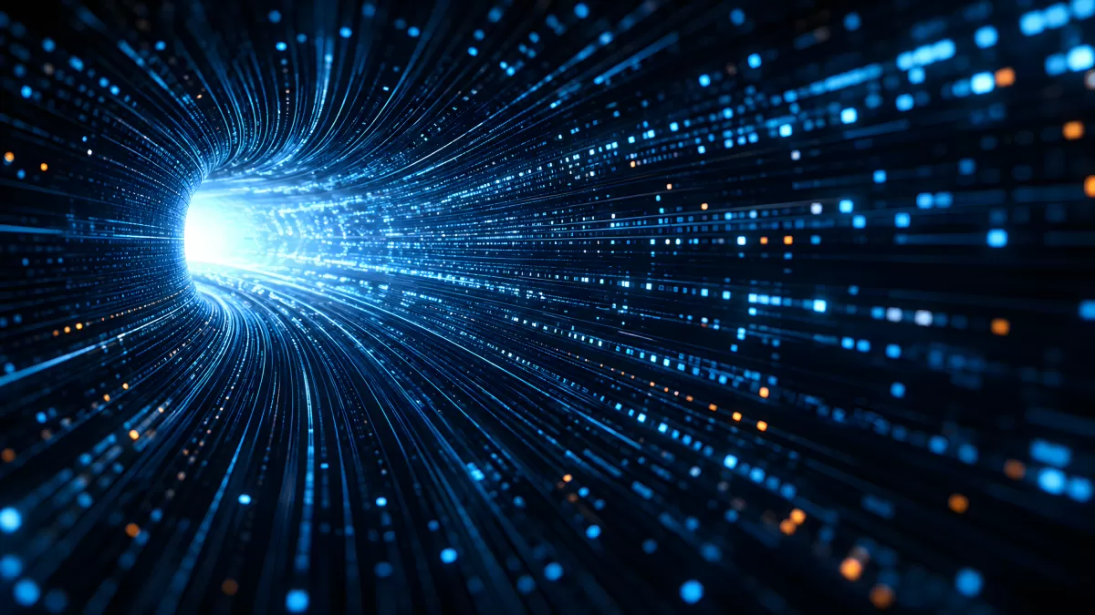 Digitaler Datentunnel mit blauen Lichtstrahlen