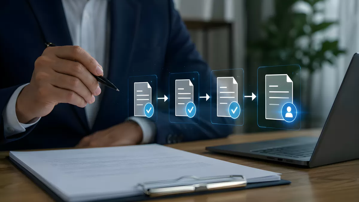 Digitaler Dokumenten-Workflow mit Geschäftsmann am Schreibtisch