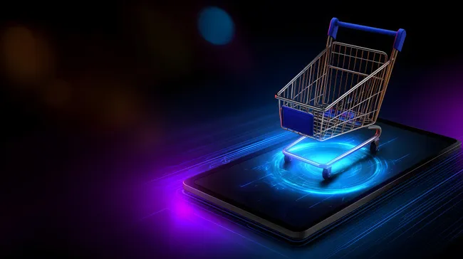 Digitaler Einkaufswagen auf Smartphone mit bläulichem Licht