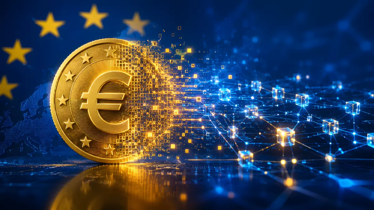 Digitaler Euro als goldene Münze mit Blockchain-Netzwerk