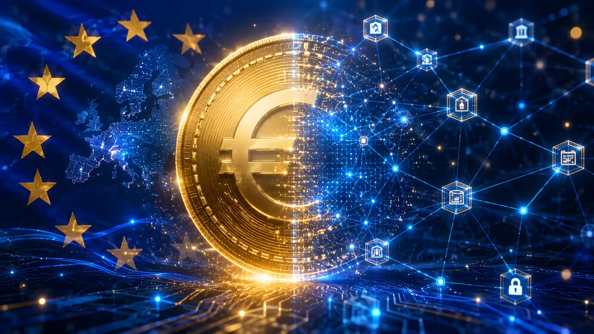 Digitaler Euro als goldene Münze mit EU-Blockchain-Netzwerk