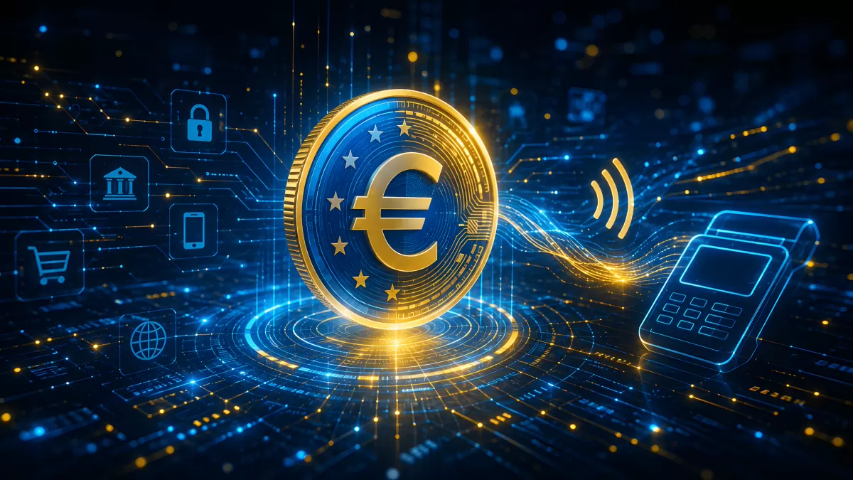 Digitaler Euro als goldene Münze mit Zahlungssymbolen