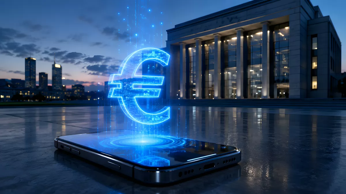 Digitaler Euro als Hologramm über Smartphone bei Bank