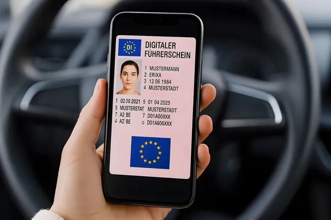 Digitaler Führerschein auf Smartphone im Auto