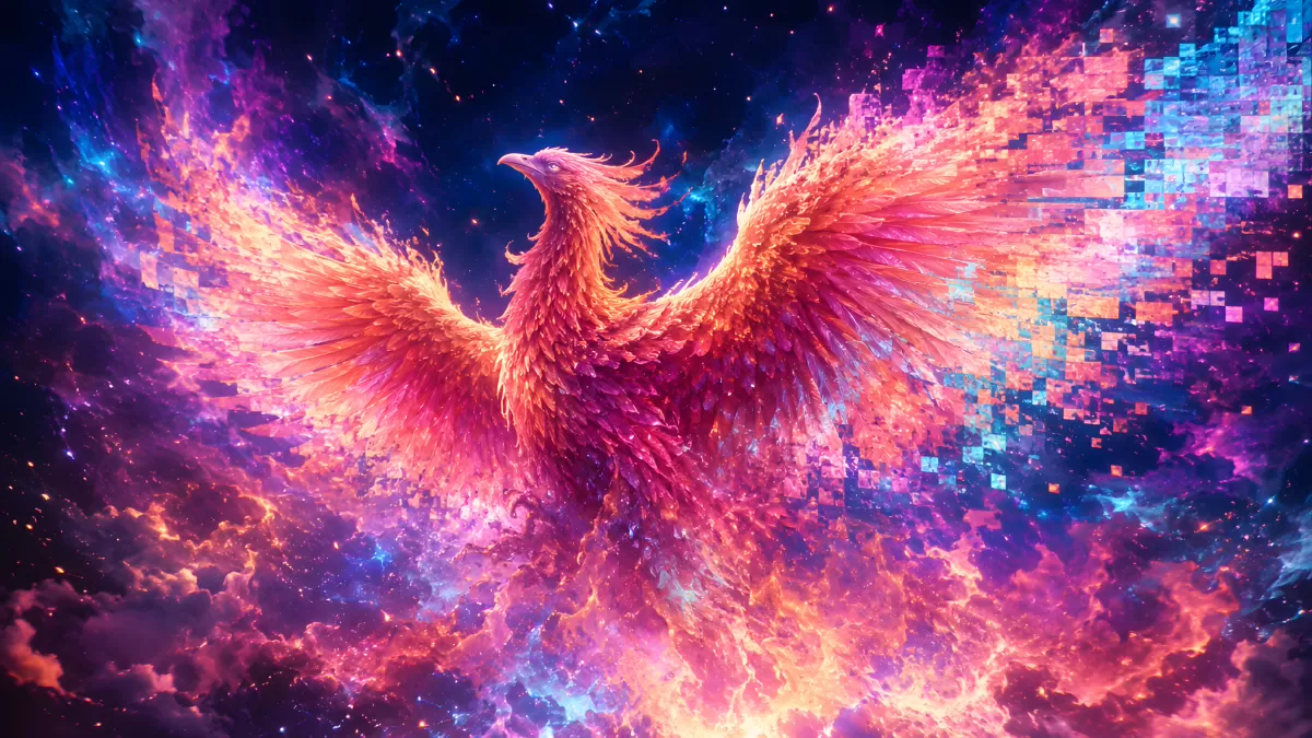 Digitaler Phönix in kosmischen Flammen und Pixel
