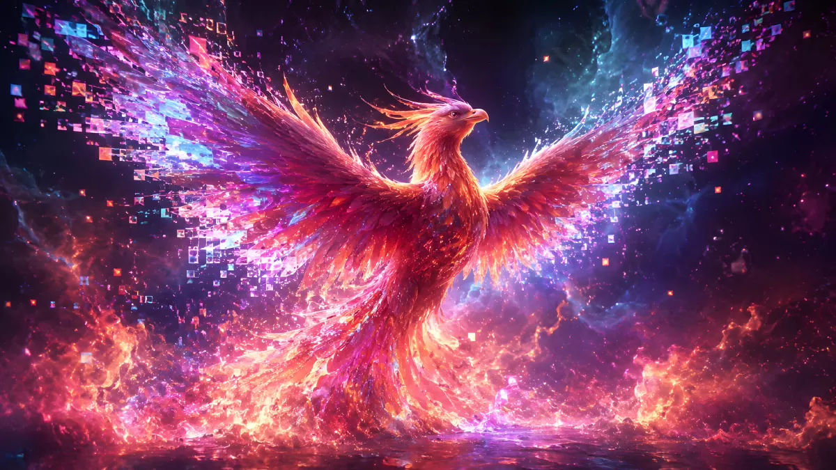 Digitaler Phönix steigt aus Flammen und Pixeln auf