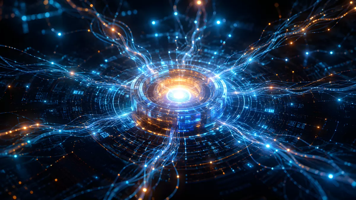 Digitaler Quantenprozessor mit leuchtenden Datenstrahlen