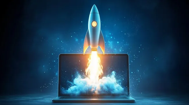 Digitaler Raketenstart aus Laptop-Bildschirm