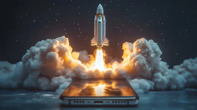 Digitaler Raketenstart von Smartphone - Futuristisches Konzept