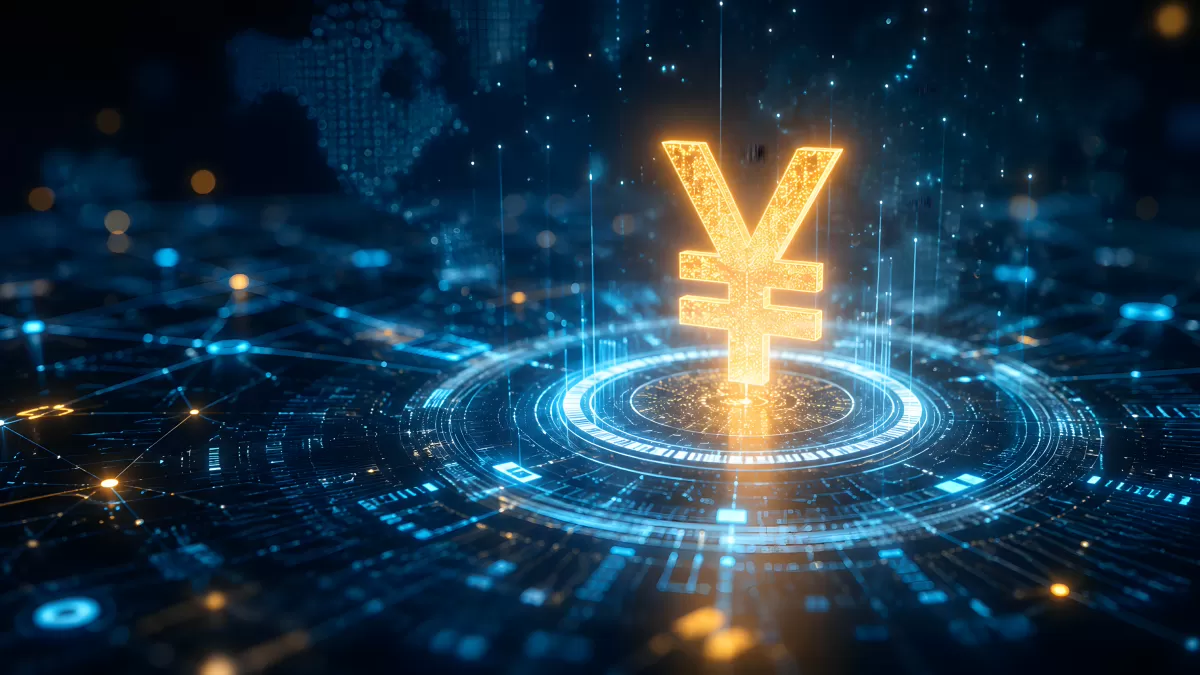 Digitaler Yen als leuchtendes Hologramm im Netzwerk