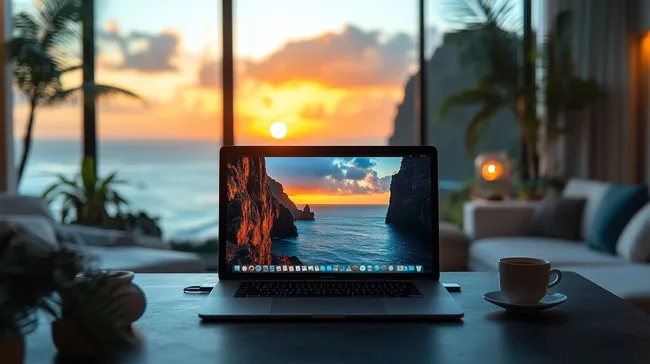 Digitales Arbeiten im Sonnenuntergang mit Blick auf Felsküste