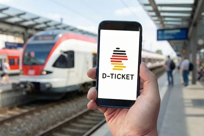 Digitales D-Ticket auf Smartphone in Bahnhofsszenerie