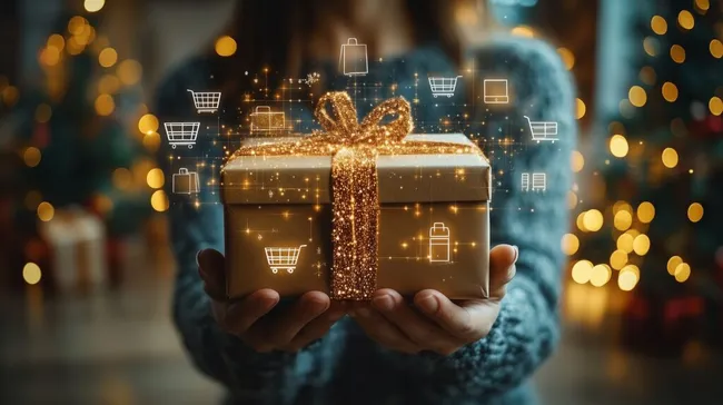 Digitales Einkaufserlebnis mit glitzernder Geschenkbox