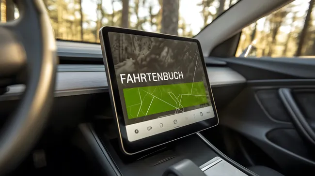 Digitales Fahrtenbuch auf großem Touchscreen-Display im Auto
