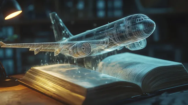 Digitales Flugzeugmodell schwebt aus Buch
