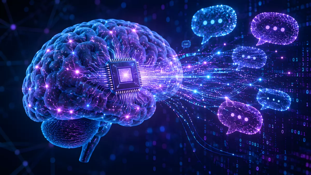 Digitales Gehirn mit Mikrochip und Sprechblasen